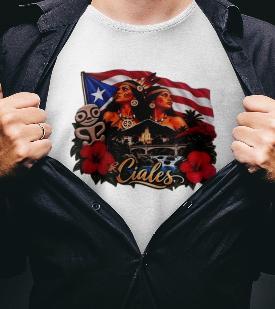 Ciales Puerto Rico Taino Women With Flag Hibiscus Flowers And Indigenous T-Shirt