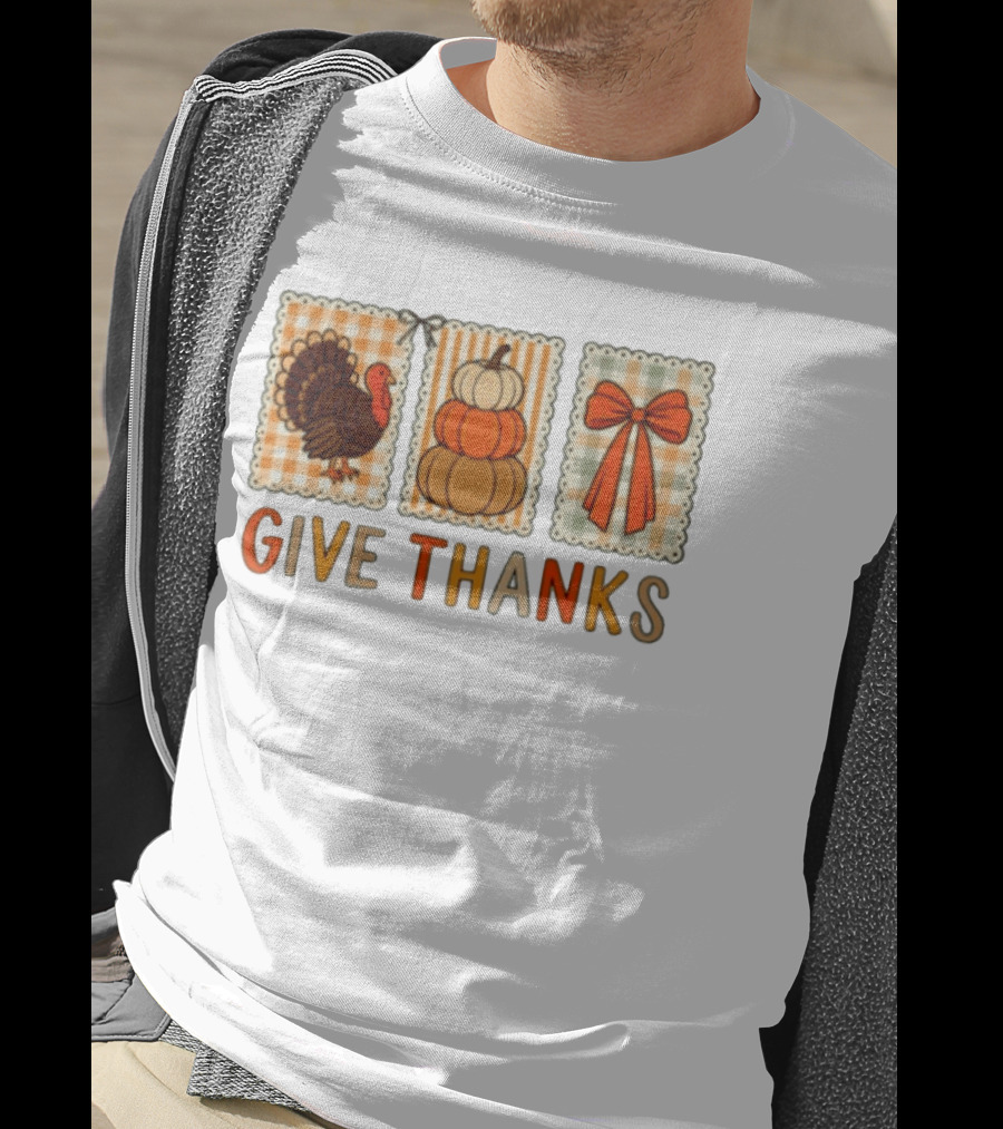 Thanksgiving Give Thanks Turkey Pumpkin Bow Harvest Celebration T-Shirt