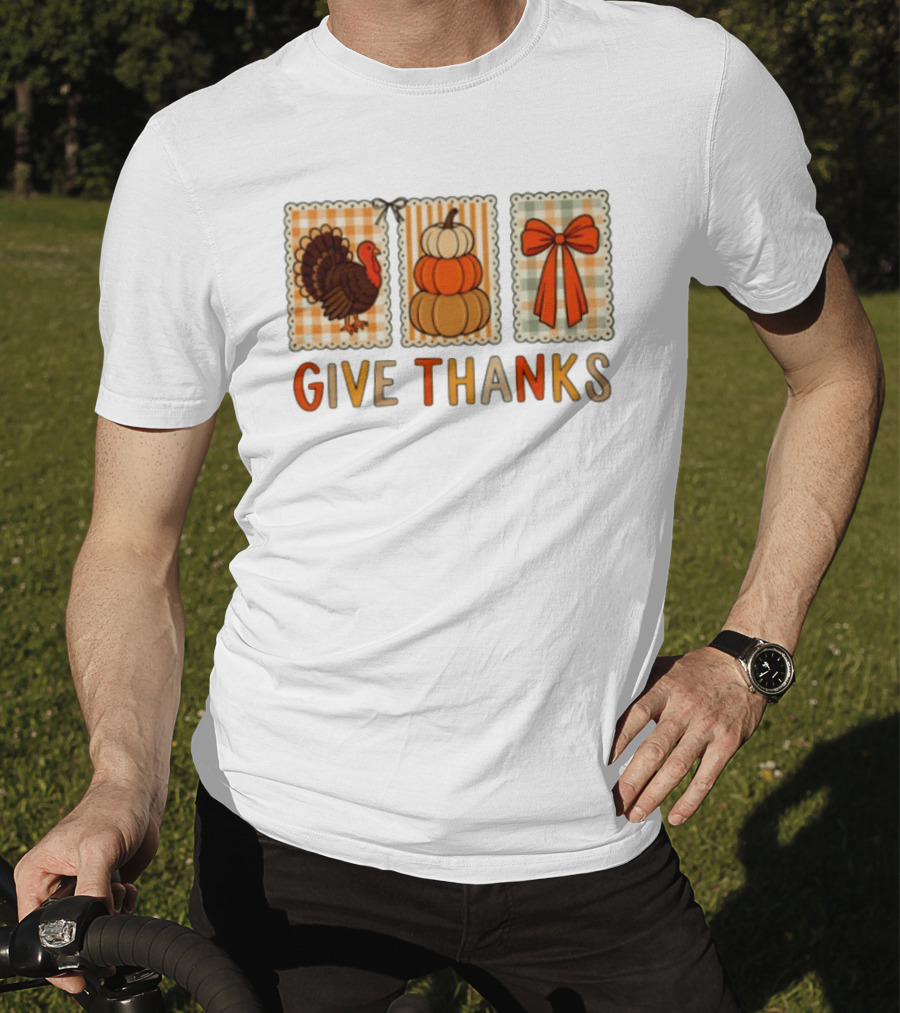 Thanksgiving Give Thanks Turkey Pumpkin Bow Harvest Celebration T-Shirt