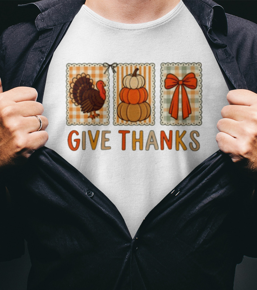 Thanksgiving Give Thanks Turkey Pumpkin Bow Harvest Celebration T-Shirt