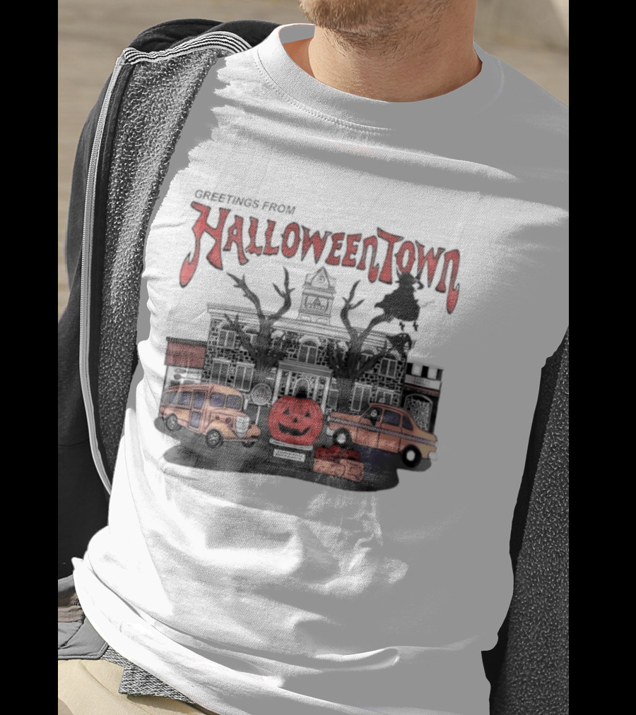 Greetings From Halloweentown Pumpkin Bus Witches Taxi T-Shirt