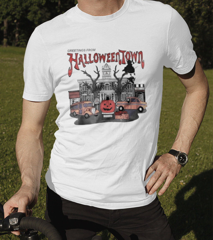 Greetings From Halloweentown Pumpkin Bus Witches Taxi T-Shirt