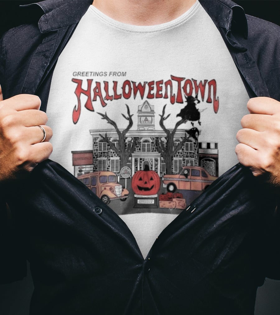 Greetings From Halloweentown Pumpkin Bus Witches Taxi T-Shirt