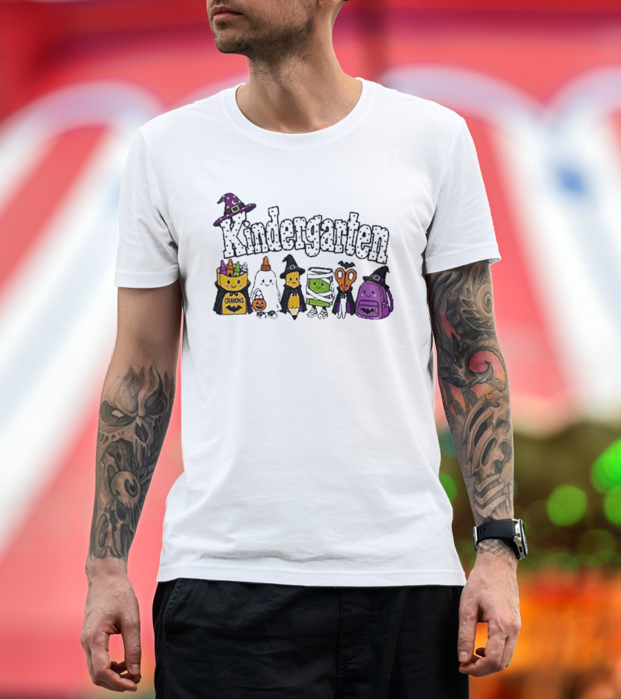 Kindergarten Crayons Ghost Bat Pumpkin Mummy Scissors Backpack Halloween T-Shirt