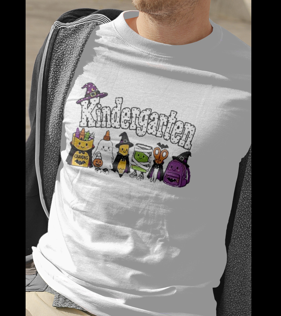 Kindergarten Crayons Ghost Bat Pumpkin Mummy Scissors Backpack Halloween T-Shirt