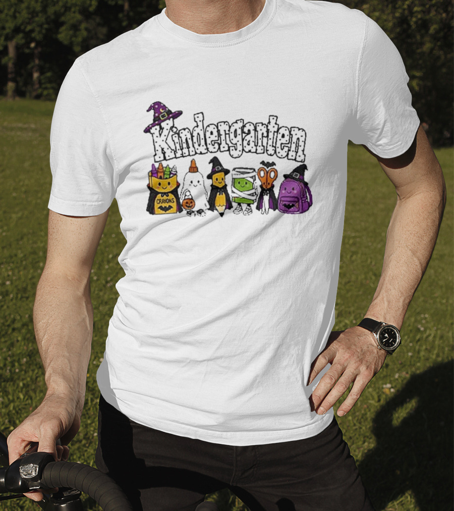 Kindergarten Crayons Ghost Bat Pumpkin Mummy Scissors Backpack Halloween T-Shirt