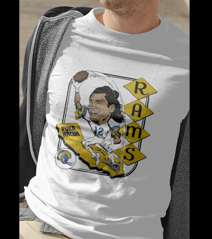 Los Angeles Rams Puka Nacua Caricature Football Player California Map T-Shirt