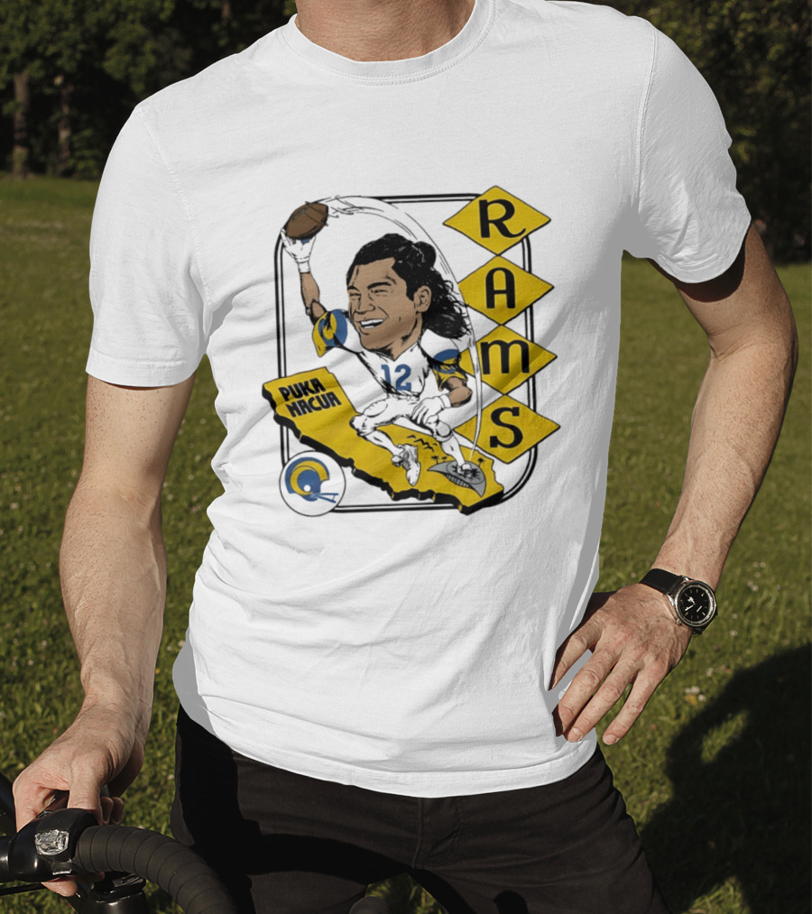 Los Angeles Rams Puka Nacua Caricature Football Player California Map T-Shirt