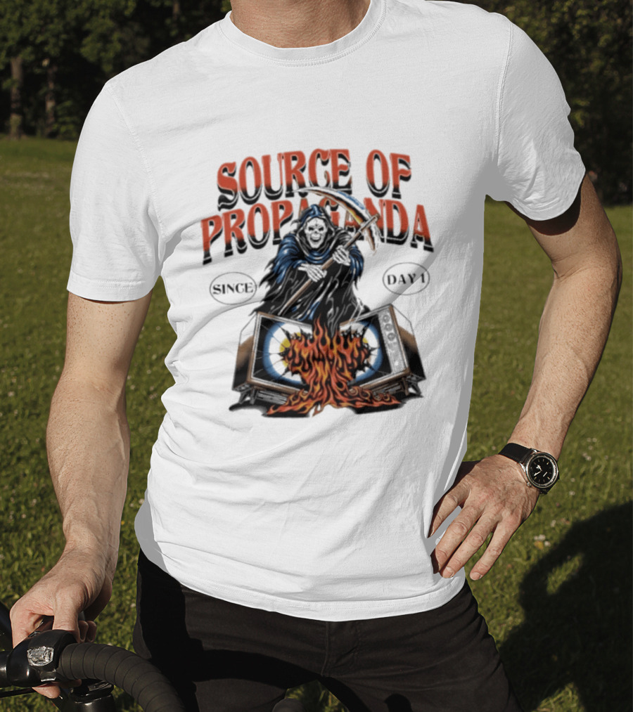 Source Of Propaganda Since Day 1 Grim Reaper Over Burning Television T-Shirt