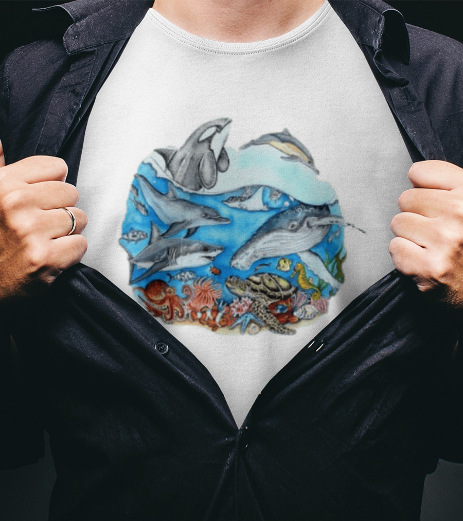 World Oceans Day Marine Life Dolphins Whales Turtles Octopus Coral Sea Animals Conservation T-Shirt
