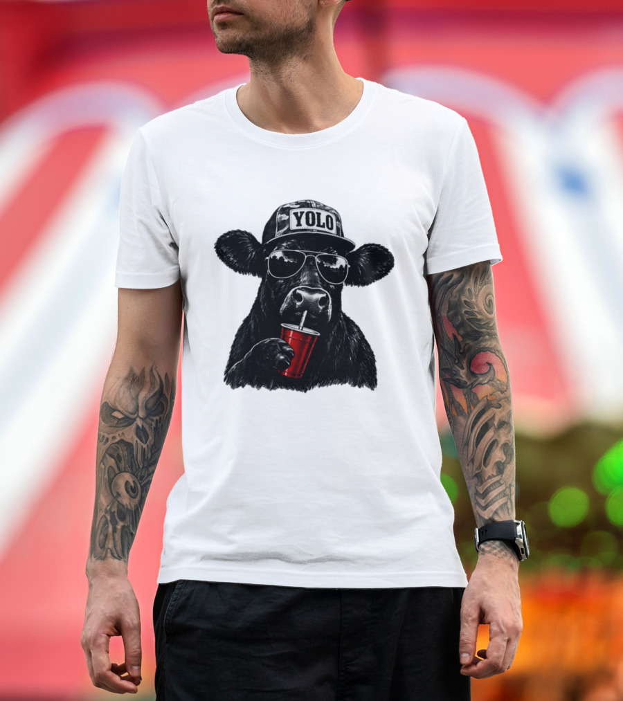 YOLO Angus Cattle With Sunglasses And Red Cup Western T-Shirt
