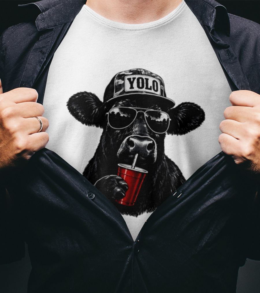 YOLO Angus Cattle With Sunglasses And Red Cup Western T-Shirt