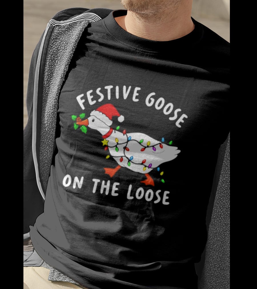 Festive Goose On The Loose With Christmas Lights And Santa Hat T-Shirt