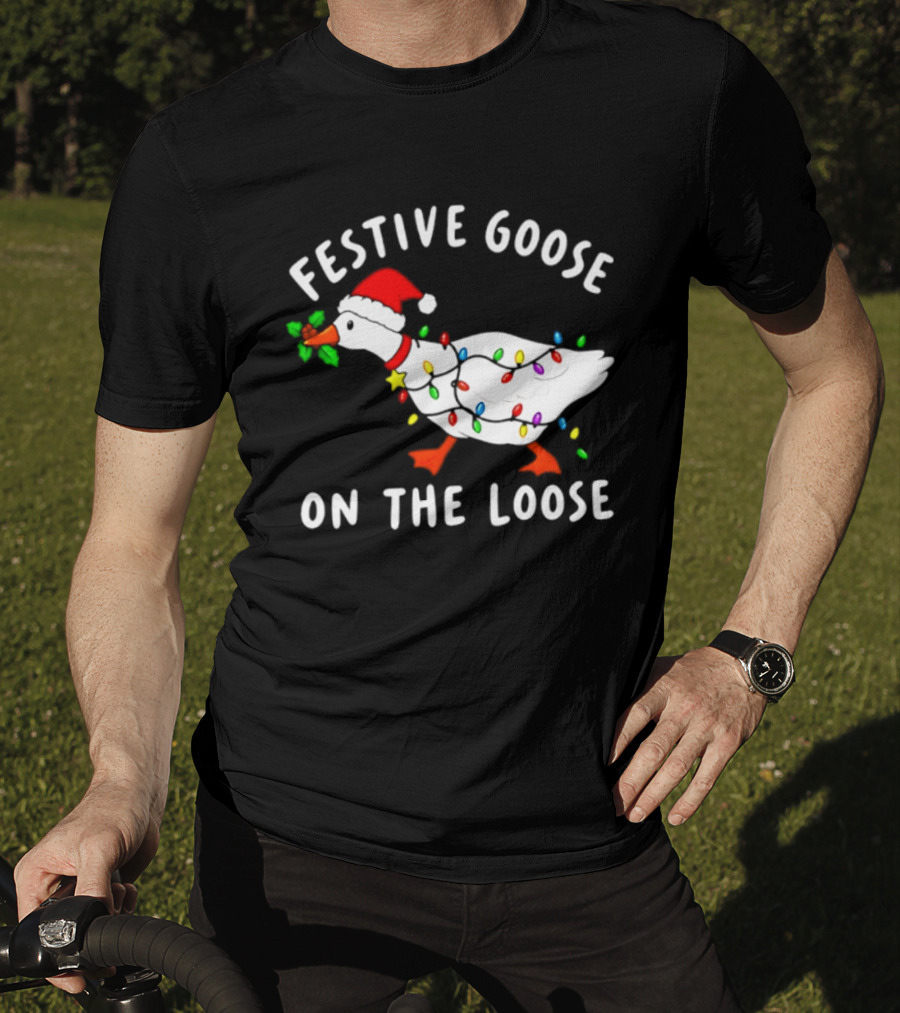 Festive Goose On The Loose With Christmas Lights And Santa Hat T-Shirt