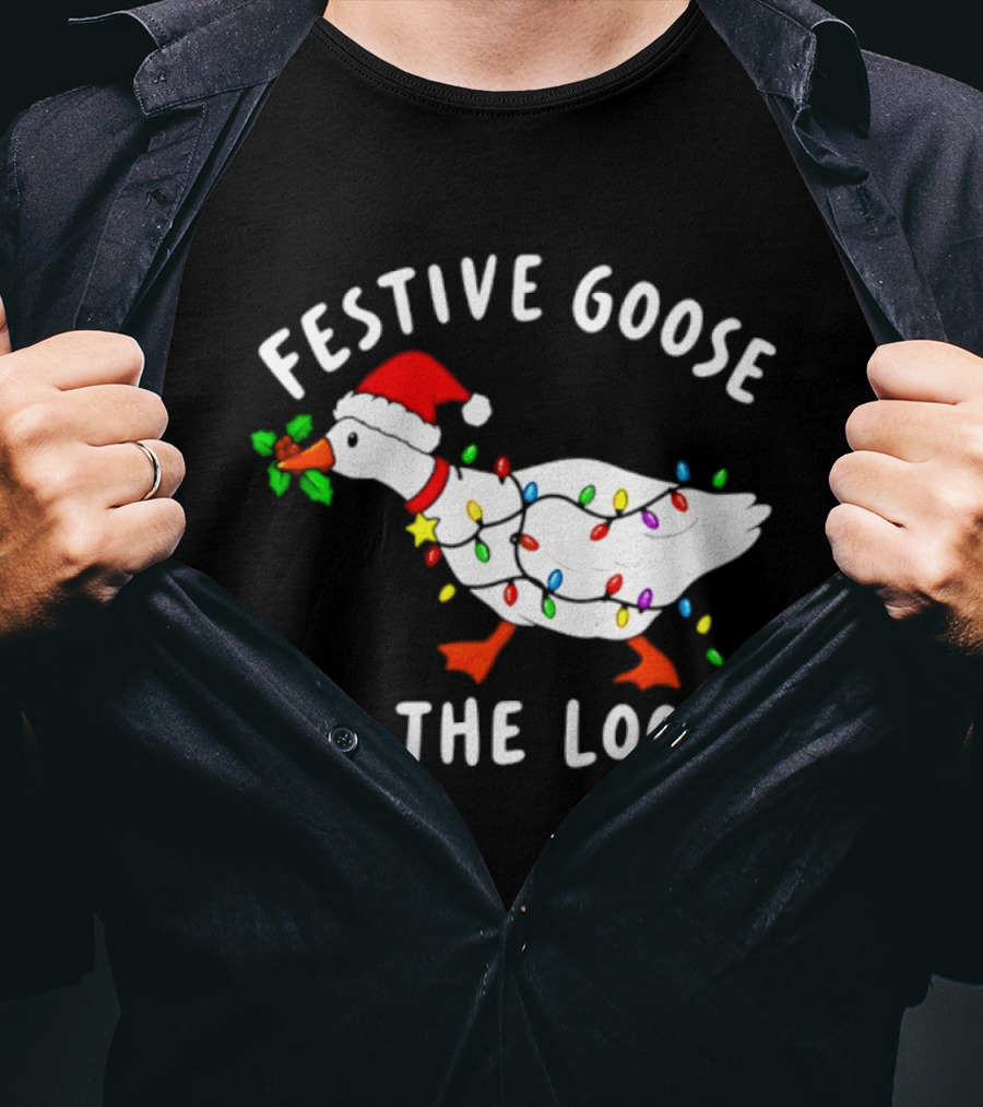 Festive Goose On The Loose With Christmas Lights And Santa Hat T-Shirt