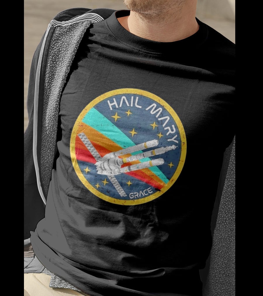 Hail Mary Grace Project Space Mission Emblem Retro Rocket T-Shirt