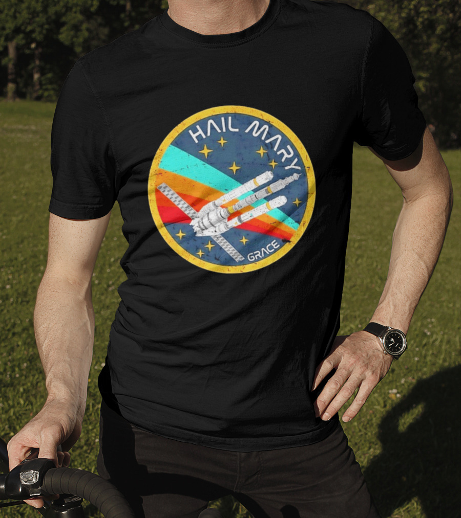 Hail Mary Grace Project Space Mission Emblem Retro Rocket T-Shirt