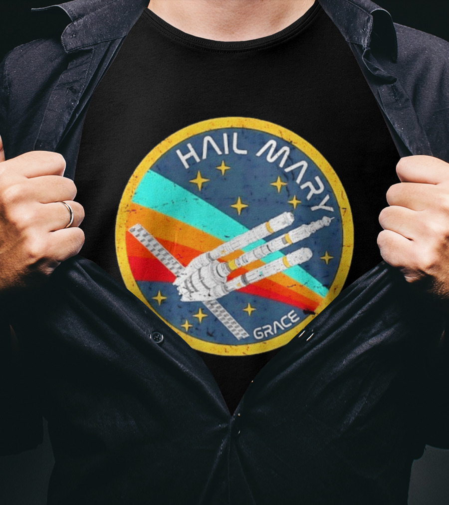 Hail Mary Grace Project Space Mission Emblem Retro Rocket T-Shirt