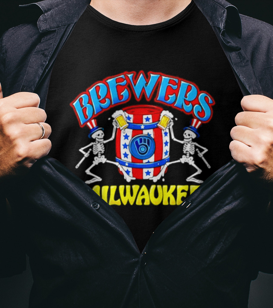 Brewers Milwaukee Skeleton Patriotic Barrel T-Shirt