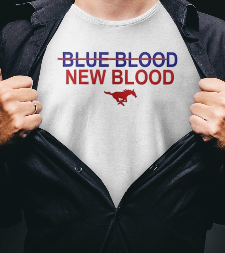 Ricky Shanklin Wearing SMU Mustangs Dallas 1911 No Blue Blood New Blood Two Sided T-Shirt