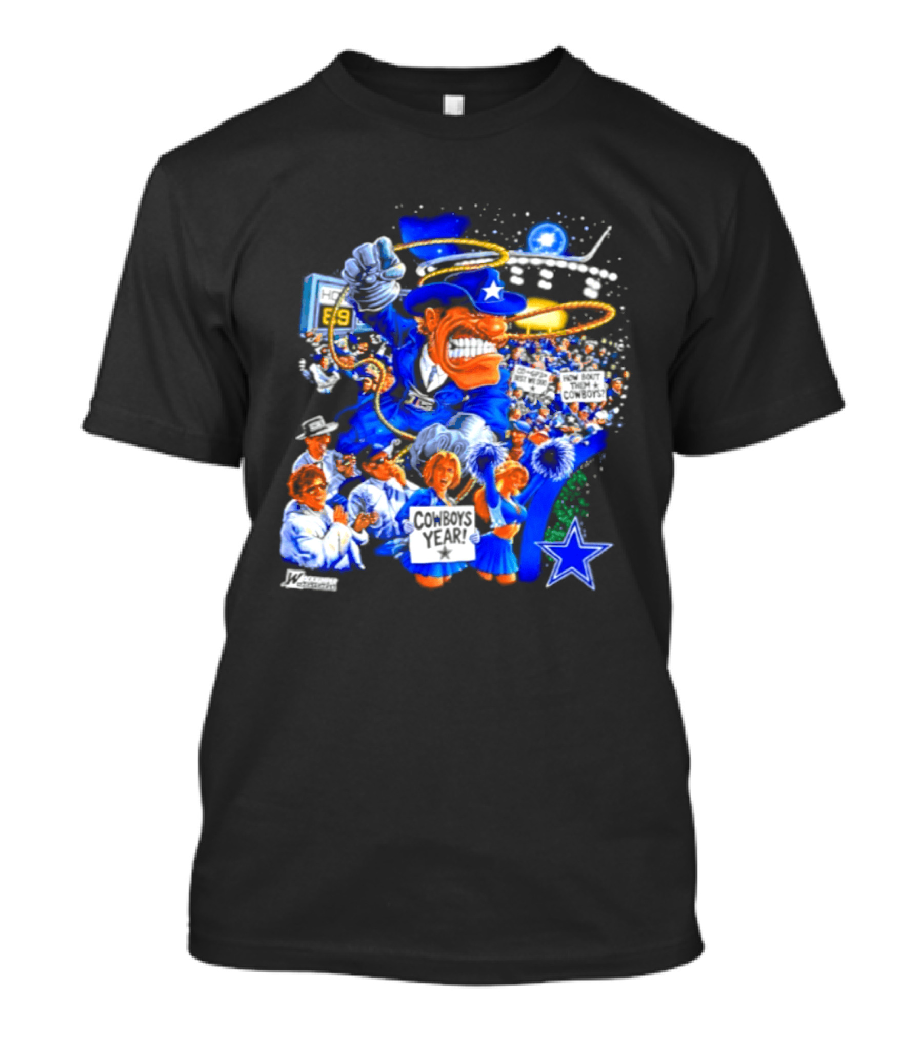 Dallas Cowboys Rowdy Mascot With Star And Cheerleaders Retro Cartoon T-Shirt