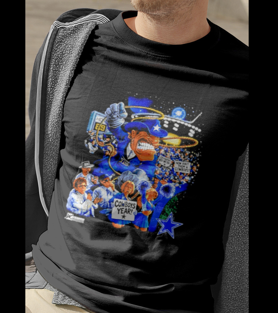 Dallas Cowboys Rowdy Mascot With Star And Cheerleaders Retro Cartoon T-Shirt
