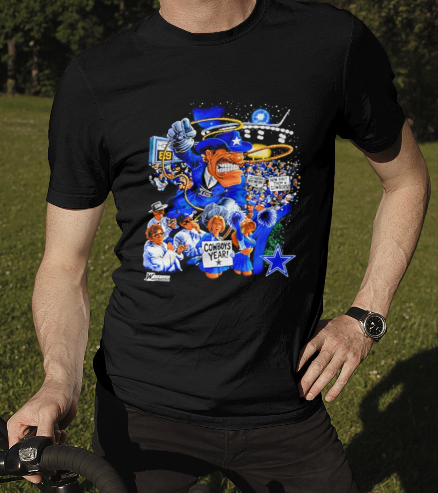 Dallas Cowboys Rowdy Mascot With Star And Cheerleaders Retro Cartoon T-Shirt