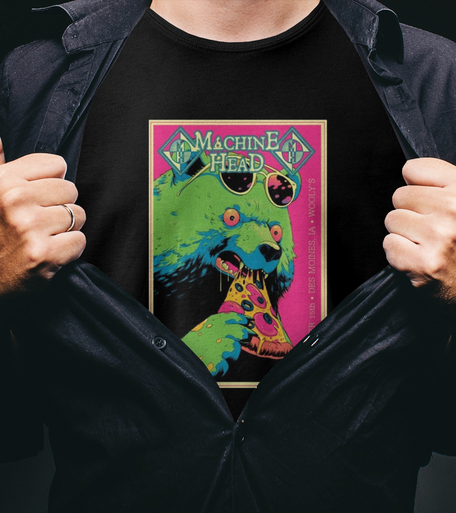 Machine Head Des Moines IA September 15 2026 Wooly's Bear Eating Pizza T-Shirt