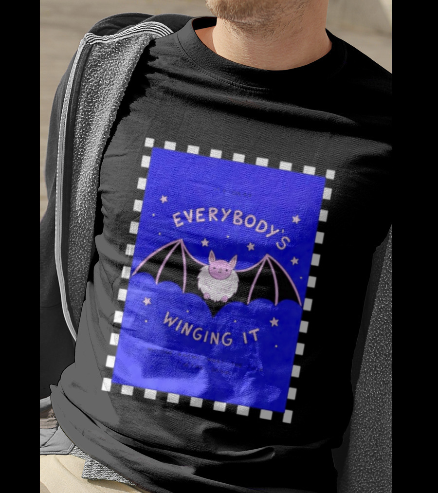 It's Okay Everybody's Winging It No One Knows What They're Doing Pink Bat With Stars T-Shirt