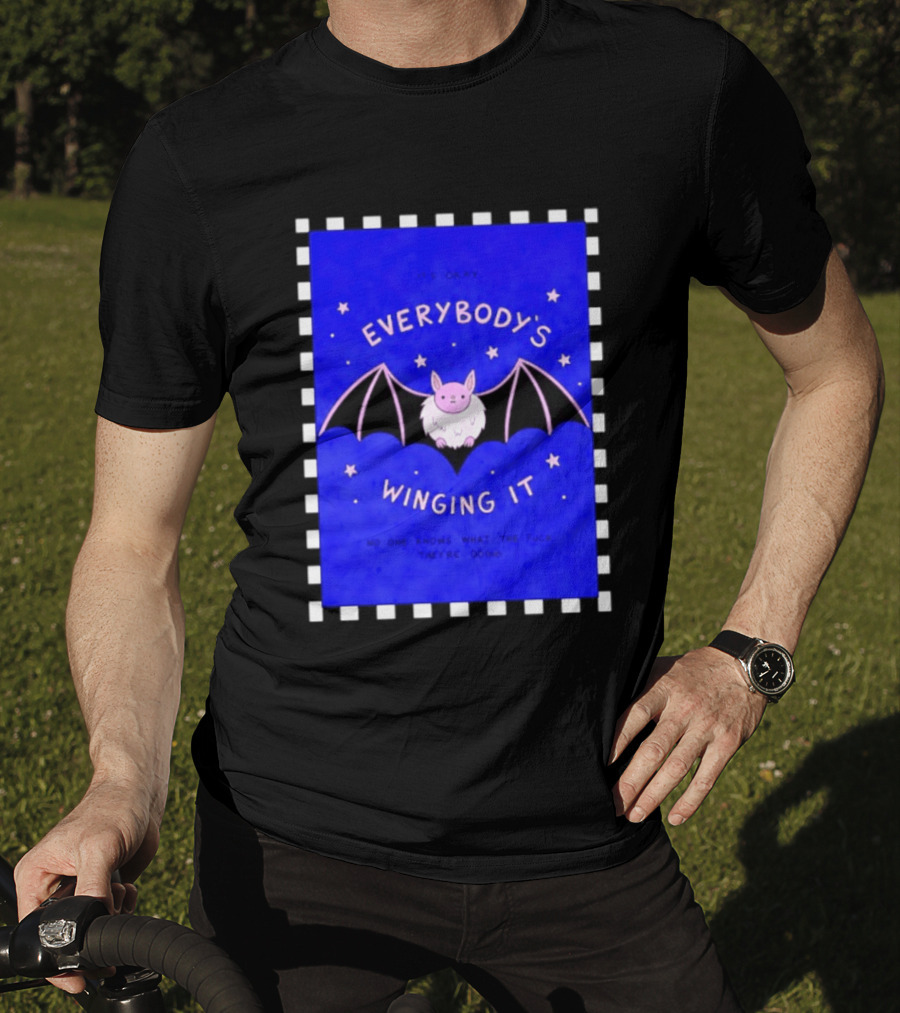 It's Okay Everybody's Winging It No One Knows What They're Doing Pink Bat With Stars T-Shirt
