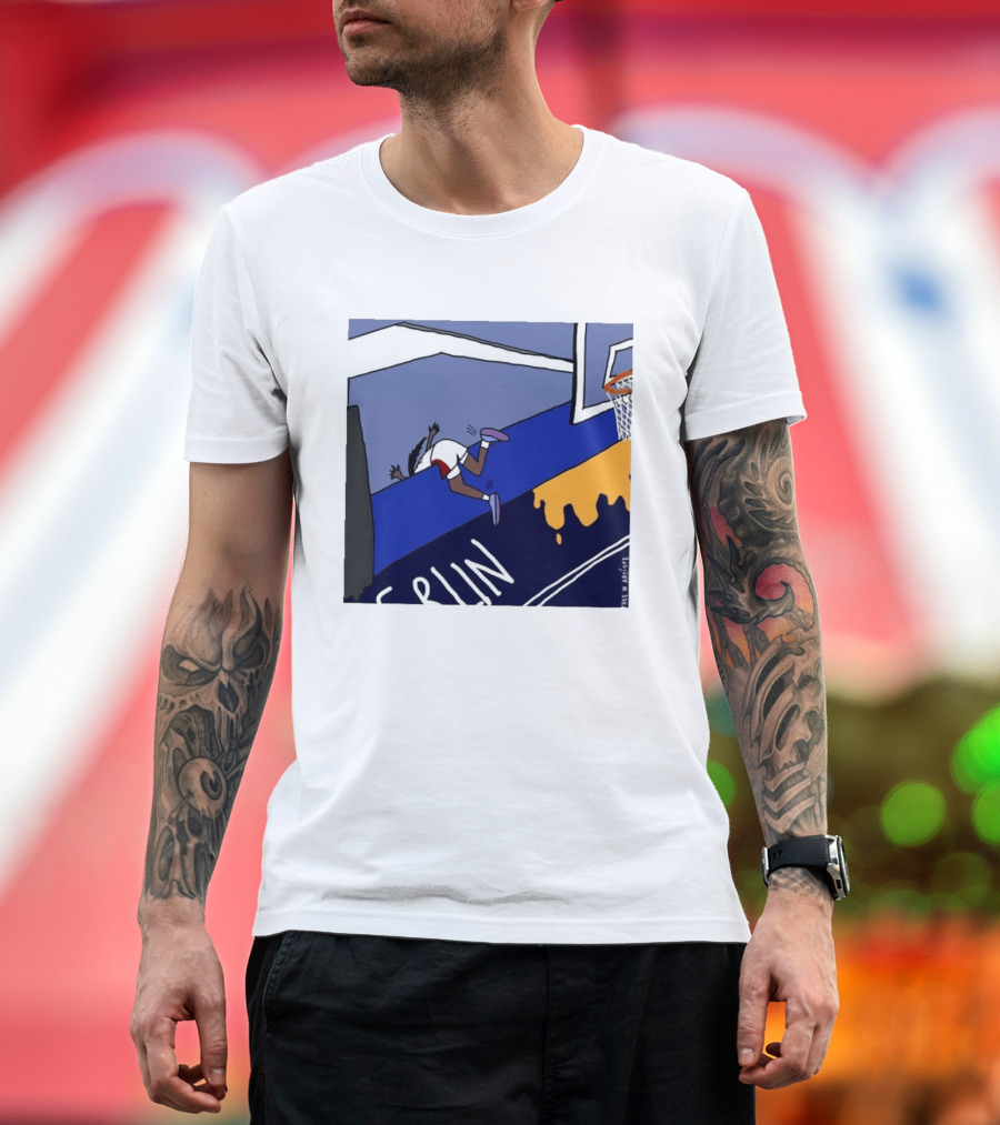 Basketball Player Diving Off Court Cartoon NBA Fan Art By Reuben Armstrong T-Shirt