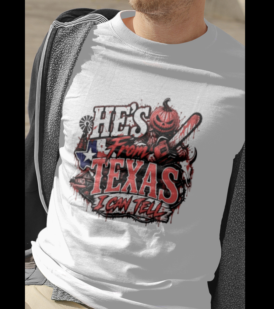 He's From Texas I Can Tell Pumpkin Chainsaw Horror Outlaw T-Shirt