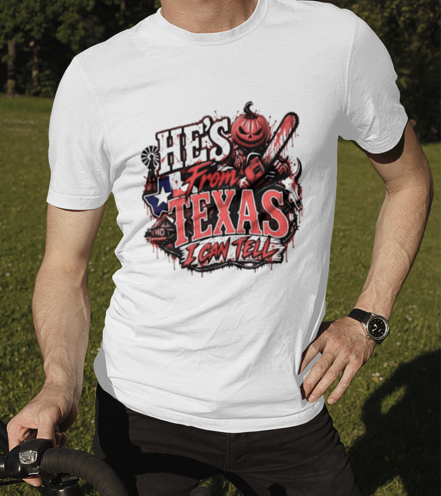 He's From Texas I Can Tell Pumpkin Chainsaw Horror Outlaw T-Shirt