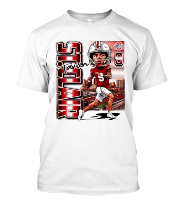 Tavien St. Clair 9 Ohio State Buckeyes Player Caricature With Ohio Stadium T-Shirt