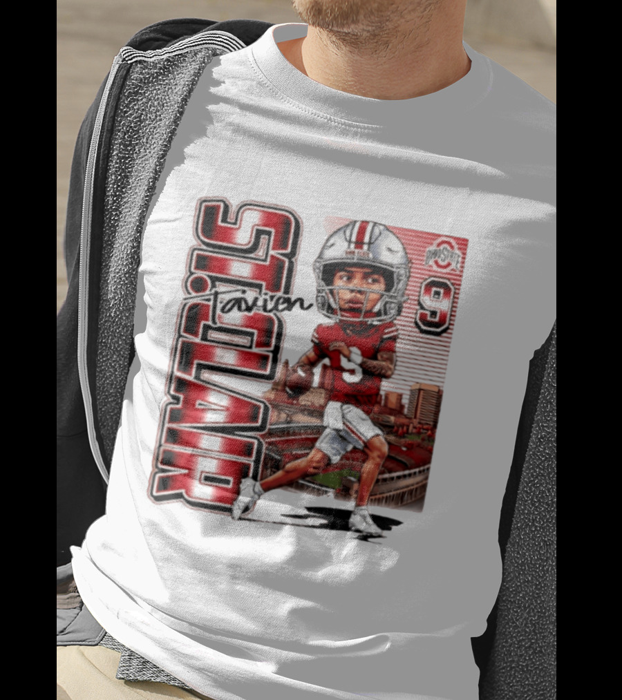 Tavien St. Clair 9 Ohio State Buckeyes Player Caricature With Ohio Stadium T-Shirt