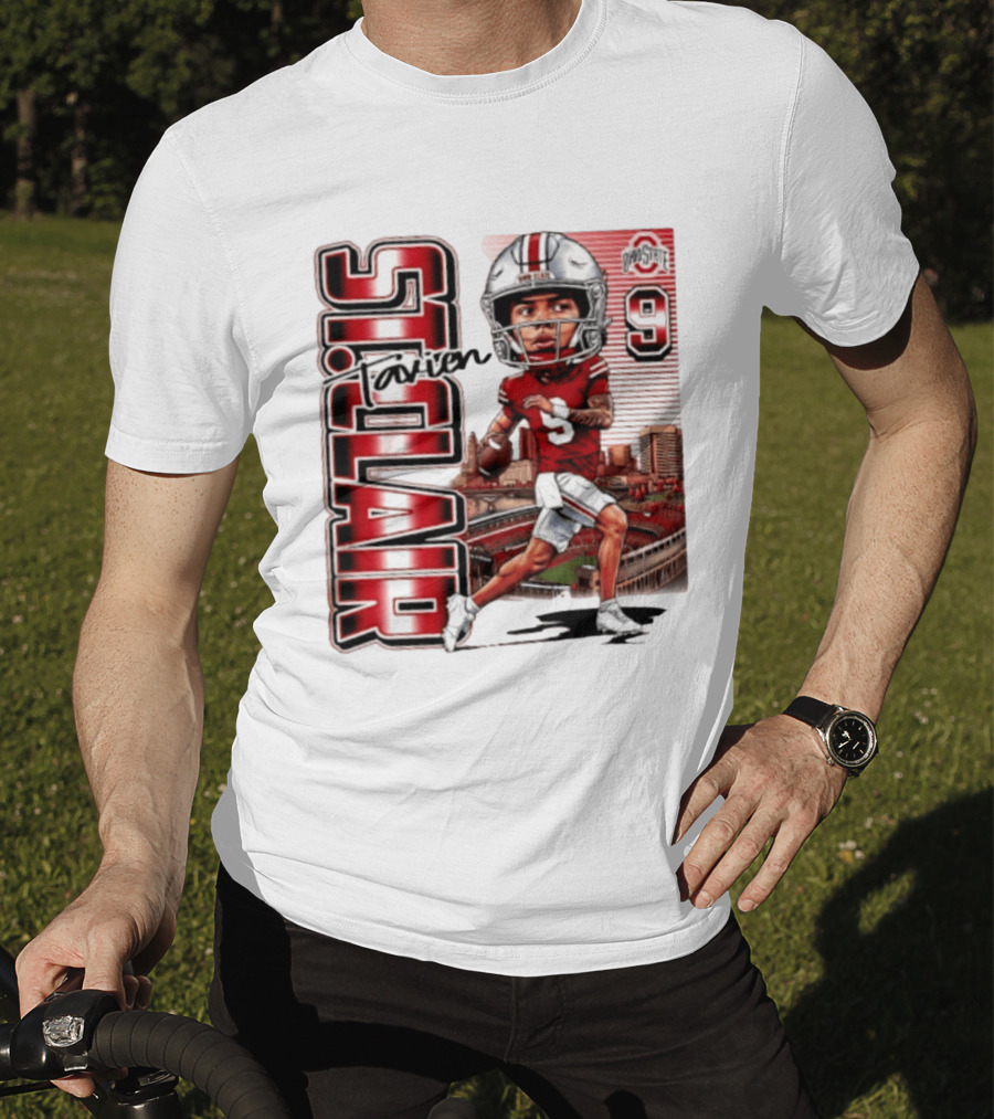Tavien St. Clair 9 Ohio State Buckeyes Player Caricature With Ohio Stadium T-Shirt