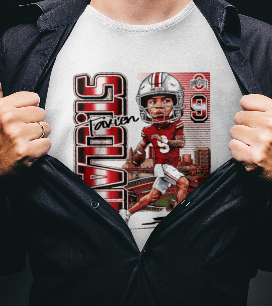 Tavien St. Clair 9 Ohio State Buckeyes Player Caricature With Ohio Stadium T-Shirt