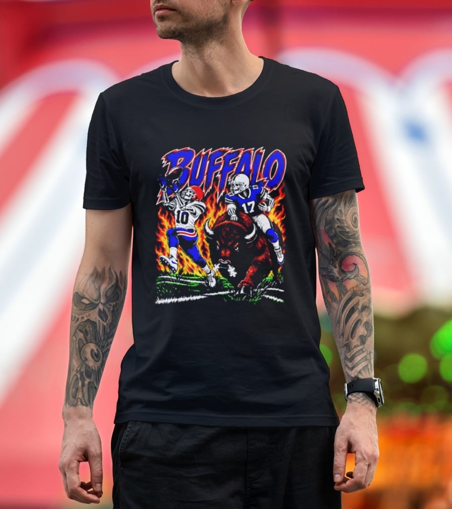Buffalo Bills Flaming Skeleton Football Players Number 10 And 17 T-Shirt