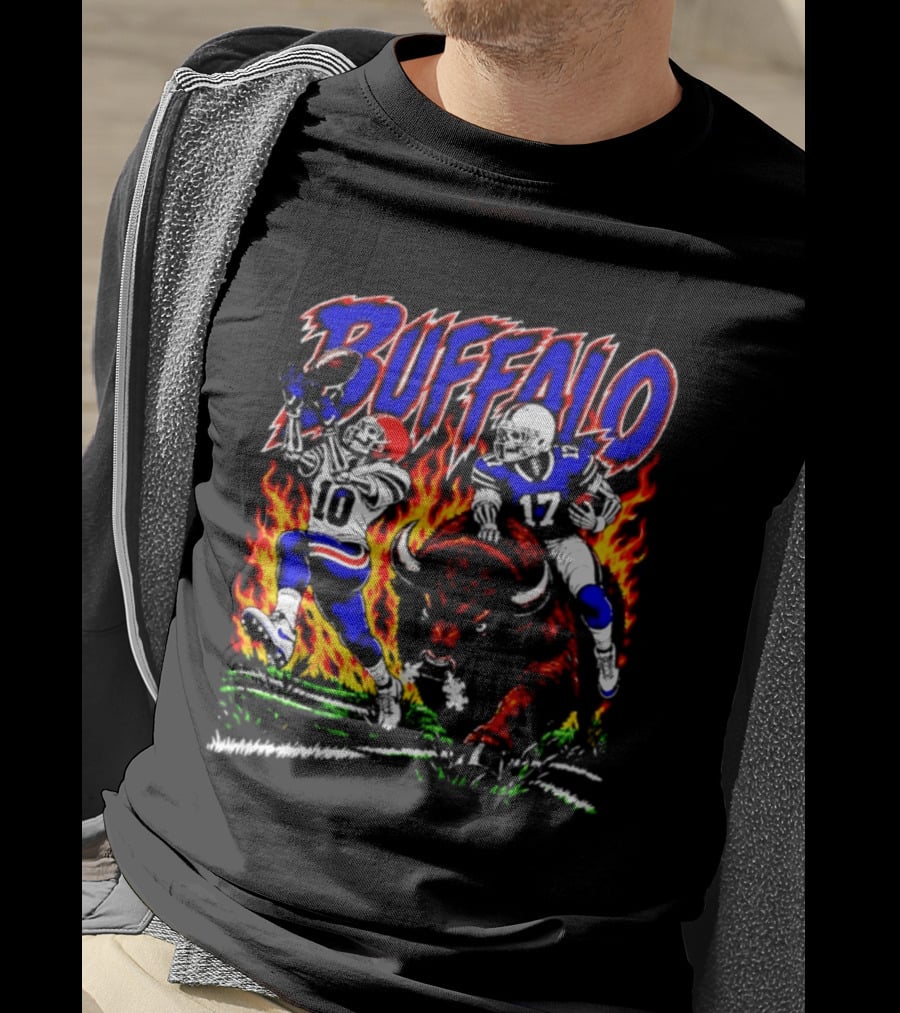 Buffalo Bills Flaming Skeleton Football Players Number 10 And 17 T-Shirt