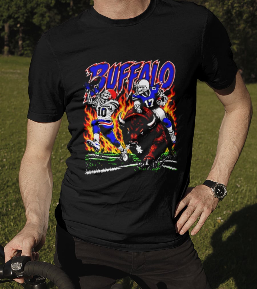 Buffalo Bills Flaming Skeleton Football Players Number 10 And 17 T-Shirt