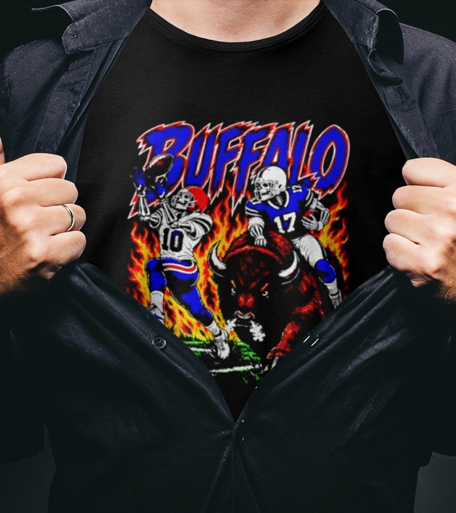 Buffalo Bills Flaming Skeleton Football Players Number 10 And 17 T-Shirt