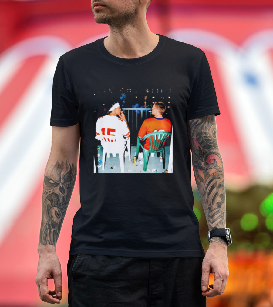 Patrick Mahomes Kansas City Chiefs And Bo Nix Denver Broncos Smoking Behind Skyline T-Shirt