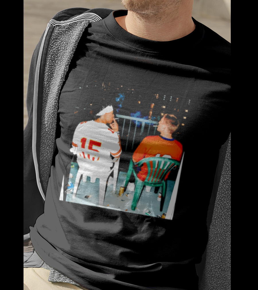 Patrick Mahomes Kansas City Chiefs And Bo Nix Denver Broncos Smoking Behind Skyline T-Shirt