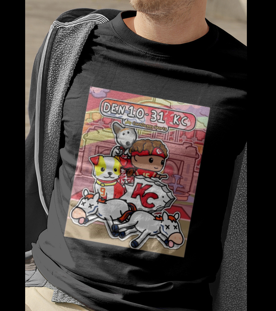 CornDoggy Sports DEN 10 31 KC Denver Broncos Vs Kansas City Chiefs Cartoon Characters And Dogs With Football T-Shirt