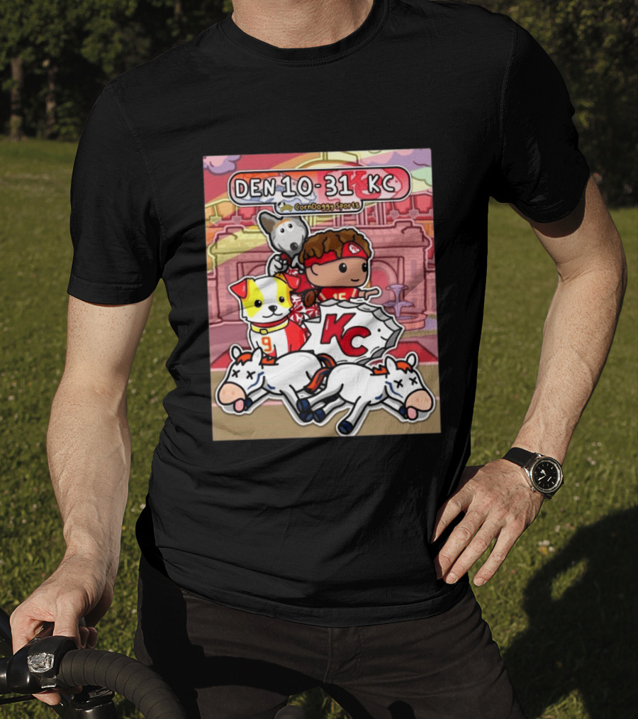 CornDoggy Sports DEN 10 31 KC Denver Broncos Vs Kansas City Chiefs Cartoon Characters And Dogs With Football T-Shirt