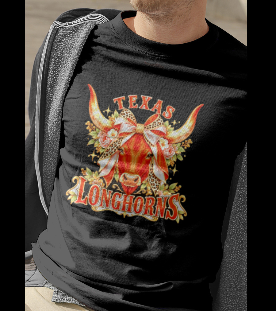 Texas Longhorns Floral Leopard Bow Cow T-Shirt