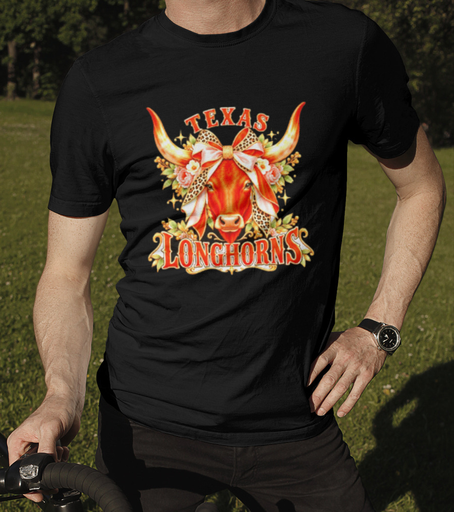 Texas Longhorns Floral Leopard Bow Cow T-Shirt