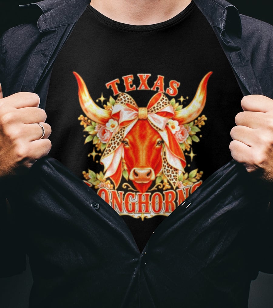 Texas Longhorns Floral Leopard Bow Cow T-Shirt