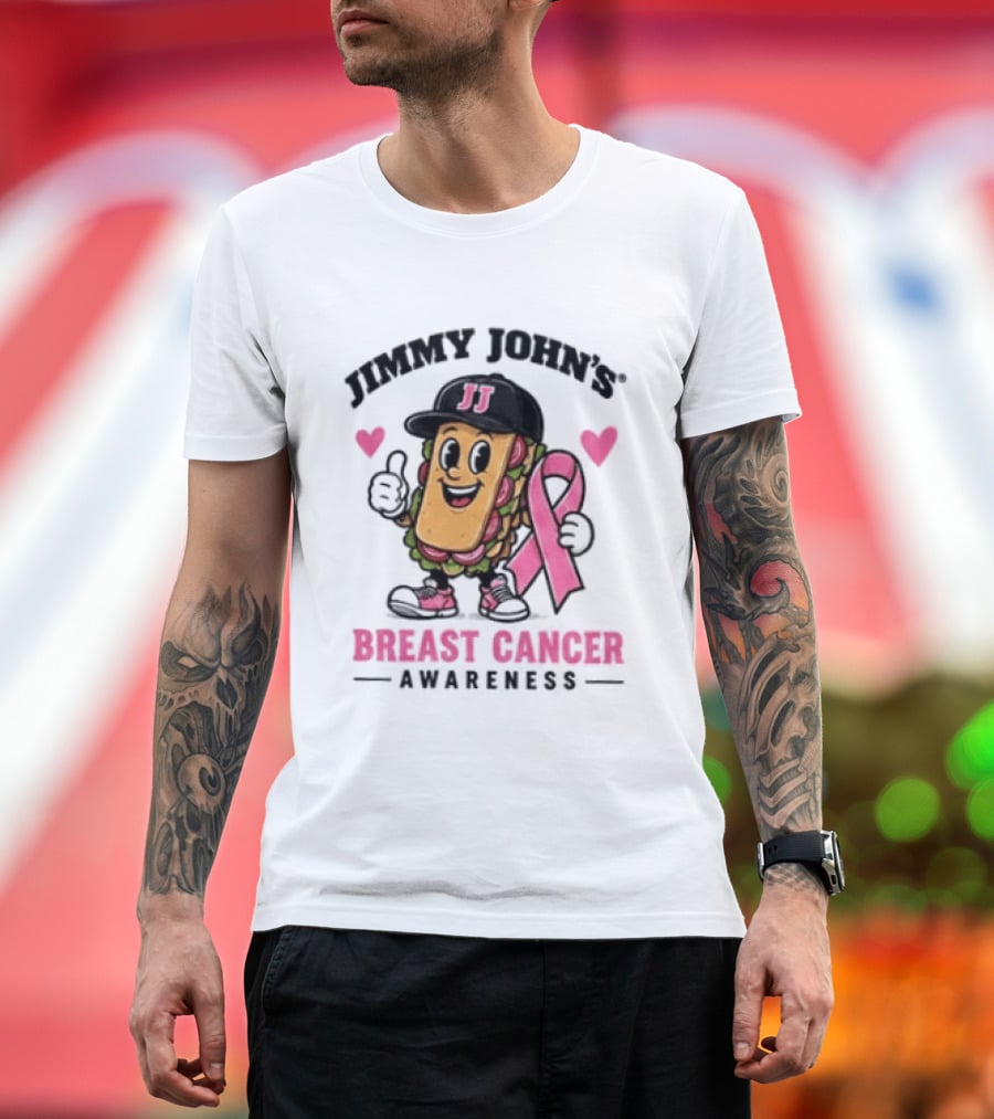 Jimmy John's Pink Ribbon Breast Cancer Awareness Sandwich JJ Hat Hearts T-Shirt