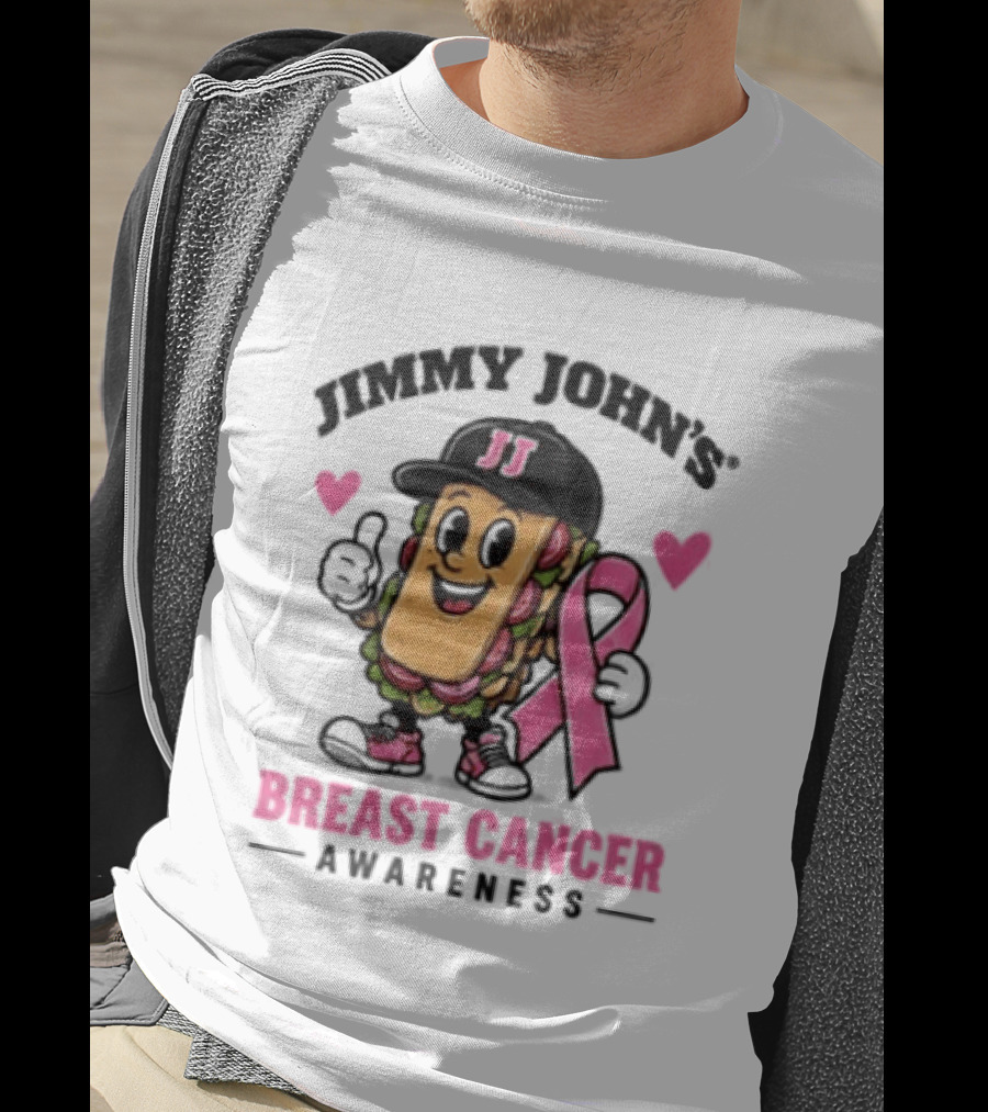 Jimmy John's Pink Ribbon Breast Cancer Awareness Sandwich JJ Hat Hearts T-Shirt